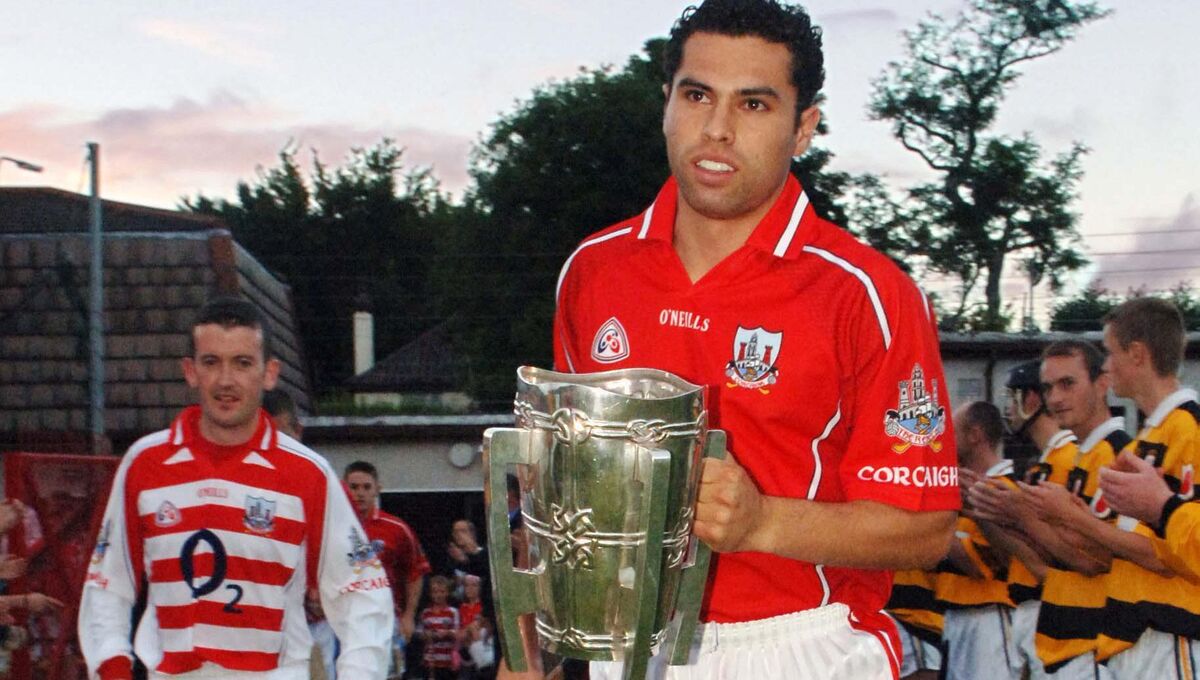 Cork keeper Donal Og Cusack and captain Sean Og O h'Ailpin pictured with the McCarthy cup ahead of a GOAL charity match against Na Piarsaigh in Pirc ui Rinn, Cork.