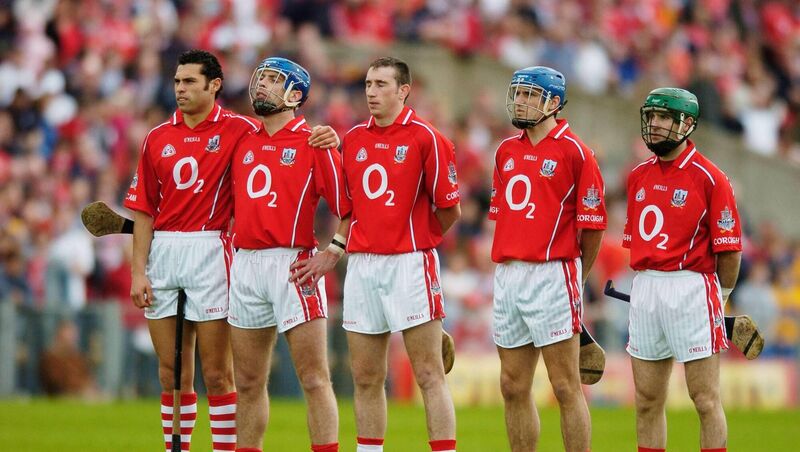Cork players, from left, Sean Og O hAilpin, Ronan Curran, John Gardiner, Tom Kenny and Jerry O'Connor stand for the national anthem before the game. Guinness Munster Senior Hurling Championship, Semi-Final, Clare v Cork, Semple Stadium, Thurles, Co. Tipperary. Picture credit; Brendan Moran / SPORTSFILE