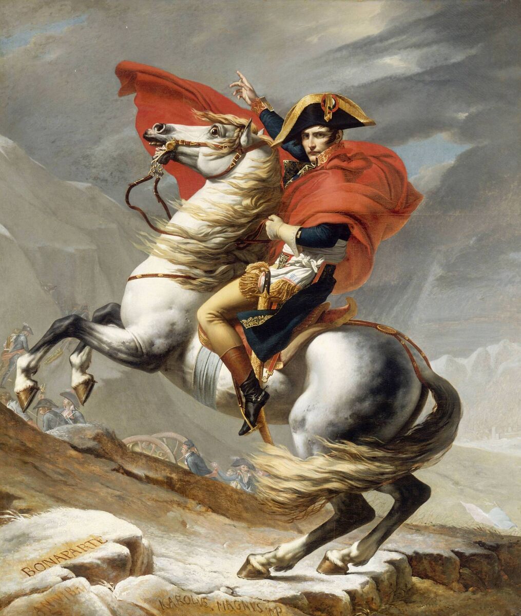 Famous painting of Napoleon riding his horse Marengo.