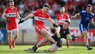 <p>CLOSE CALL: Niall Toner of Derry has a shot on goal saved by Monaghan goalkeeper Rory Beggan during the Ulster GAA Football Senior Championship Semi Final match between Derry and Monaghan at O’Neills Healy Park in Omagh, Tyrone. Pic: Ben McShane/Sportsfile</p>