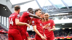 <p>INJURY TIME WINNER: Diogo Jota of Liverpool celebrates with teammates after scoring the team's winning goal. Pic: Michael Regan/Getty Images</p>
