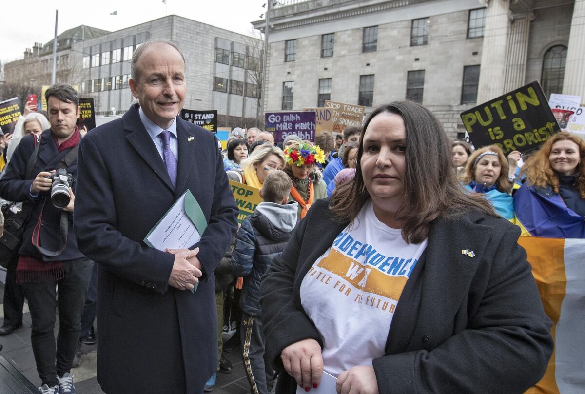 Tánaiste, Micheál Martin with Ukraine's ambassador to Ireland Larysa Gerasko outside the GPO on O'Connell St in Dublin during a rally in February in support of Ukraine. File picture: Colin Keegan/Collins