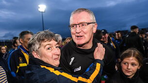<p>Clare manager Brian Lohan celebrates with supporters after his side's victory against Limerick. Picture: Piaras Ó Mídheach/Sportsfile</p>