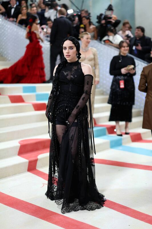 billie eilish burgundy dress Billie Eilish Goes Gothic Glam in Sheer Lace Dress at 2023 Met Gala