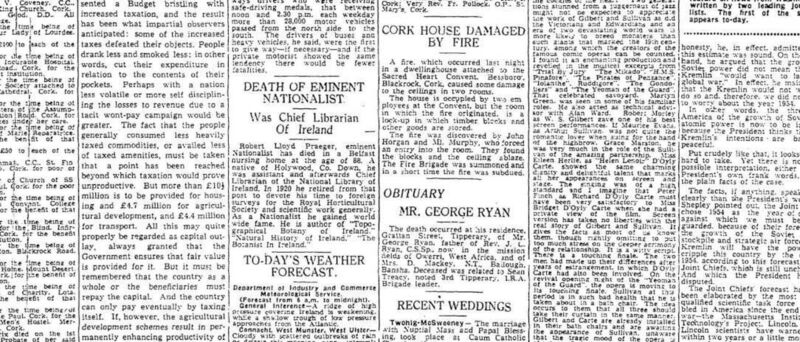 Death of Robert Lloyd Praeger announced in Irish Examiner in Thursday, May 7, 1953 edition for Outdoors