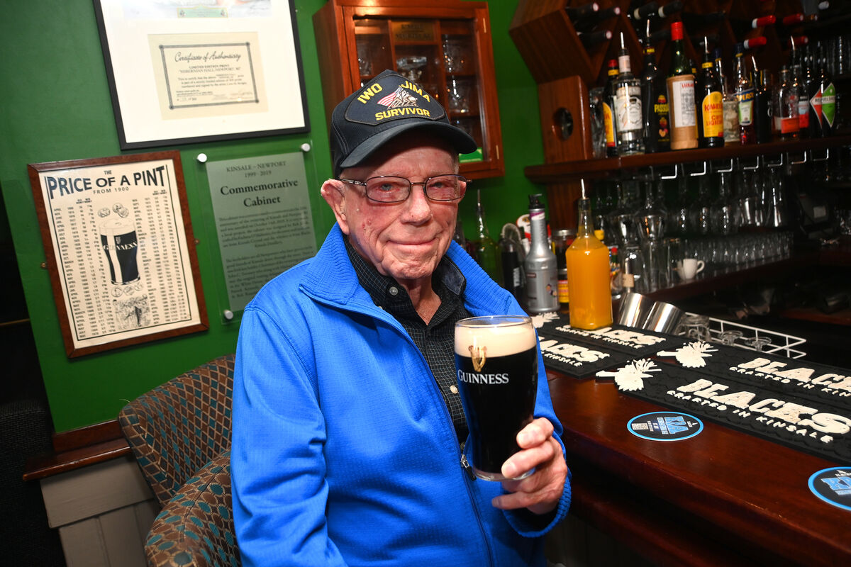 Retired colonel Don Graves, who stormed the beaches of Iwo Jima, aged 19, pulled and then downed a pint, and sang Danny Boy in the White House in Kinsale, Co. Cork. Picture: Larry Cummins