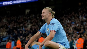 <p>Manchester City's Erling Haaland celebrates scoring their side's second goal of the game, breaking the record for most goals in a Premier League season, during the Premier League match at the Etihad Stadium, Manchester. Picture: Martin Rickett/PA Wire. </p>