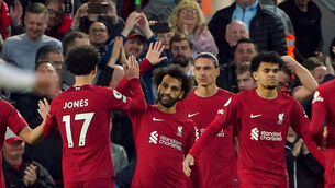 <p>Liverpool's Mohamed Salah celebrates scoring their side's first goal of the game during the Premier League match at Anfield, Liverpool. Picture: Peter Byrne/PA Wire. </p>
