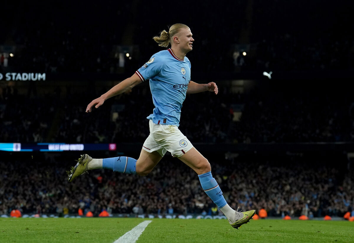 Manchester City's Erling Haaland celebrates scoring their side's second goal of the game, breaking the record for most goals in a Premier League season, during the Premier League match at the Etihad Stadium, Manchester. Picture date: Wednesday May 3, 2023.