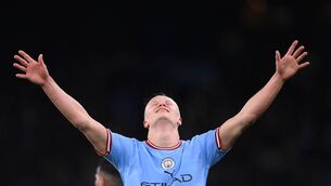 <p>MANCHESTER, ENGLAND - MAY 03: Manchester City striker Erling Haaland celebrates after scoring the 2nd City goal and his record breaking 35th Premier League goal of the season during the Premier League match between Manchester City and West Ham United at Etihad Stadium on May 03, 2023 in Manchester, England. (Photo by Stu Forster/Getty Images)</p>