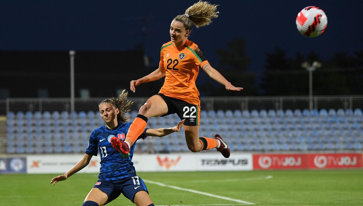 6 September 2022; Leanne Kiernan of Republic of Ireland and Kristína Koíková of Slovakia during the FIFA Women's World Cup 2023 Qualifier match between Slovakia and Republic of Ireland at National Training Centre in Senec, Slovakia. Photo by Stephen McCarthy/Sportsfile 6 September 2022; Leanne Kiernan of Republic of Ireland and Kristína Koíková of Slovakia during the FIFA Women's World Cup 2023 Qualifier match between Slovakia and Republic of Ireland at National Training Centre in Senec, Slovakia. Photo by Stephen McCarthy/Sportsfile