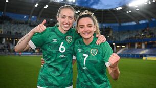<p>BACK IN ACTION; Republic of Ireland players Megan Connolly, left, and Leanne Kiernan celebrate after the FIFA Women's World Cup 2023 qualifying match between Sweden and Republic of Ireland at Gamla Ullevi in Gothenburg, Sweden. Photo by Stephen McCarthy/Sportsfile</p>