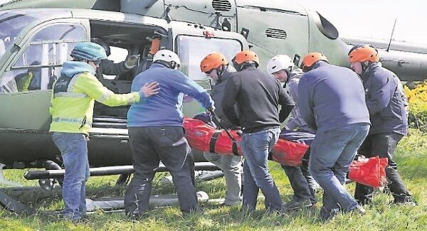 A suspected terrorist is airlifted to hospital after being ‘injured’ in the International Tactical Response exercise. Picture: David Keane