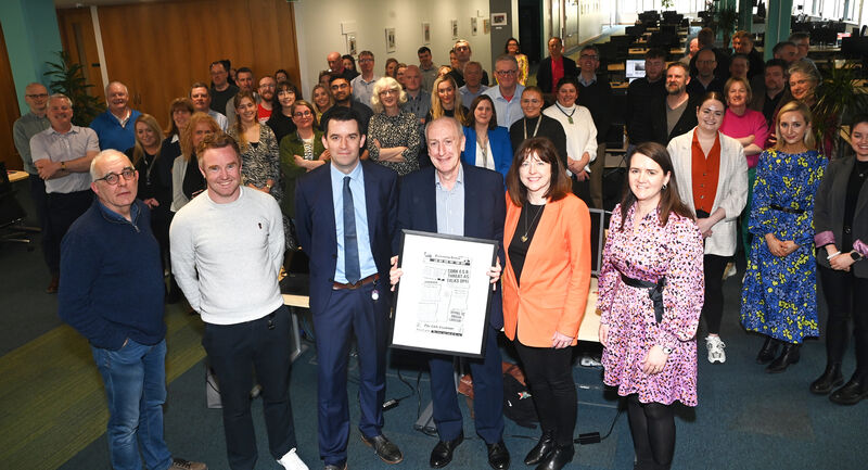 Dan Linehan, general manager, Irish Times Regionals; Mikie Sheehan, CFO, Irish Times Group; Tom Fitzpatrick, editor, Irish Examiner; Gráinne McGuinness, newly appointed editor of 'The Echo' and EchoLive.ie, and Karen O'Donoghue, managing director of the 'Irish Examiner' and 'The Echo' with work colleagues and friends in the editorial offices at Assumption Rd, Blackpool, Cork. Picture: Larry Cummins