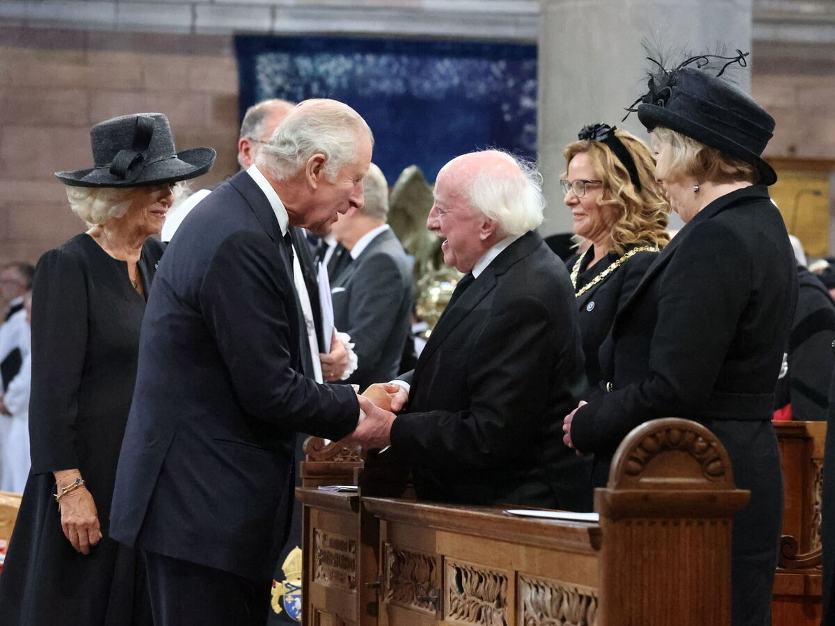 King Charles III and the Queen Consort greet President Michael D Higgins as they attend a Service of Reflection at St Anne's Cathedral in Belfast. Picture: Liam McBurney/PA Wire