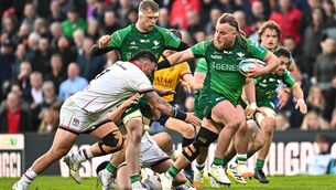 <p>ON THE BURST: Finlay Bealham of Connacht is tackled by Rory Sutherland of Ulster during the United Rugby Championship quarter-final at Kingspan Stadium. Pic: Ramsey Cardy/Sportsfile</p>
