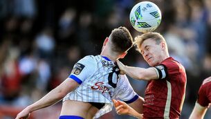 <p>UP FOR IT: Waterford’s Barry Crowe Baggley with Conor McCormack of Galway. Pic: INPHO/Evan Treacy</p>