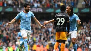 <p>AT THE DOUBLE: Ilkay Guendogan of Manchester City celebrates. Pic: Gareth Copley/Getty Images</p>