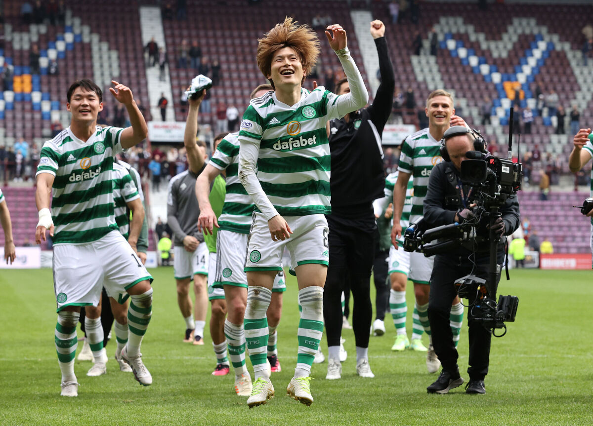 Celtic's Kyogo Furuhashi celebrates after the cinch Premiership match at Tynecastle Stadium, Edinburgh. Picture date: Sunday May 7, 2023. PA Photo. See PA Story SOCCER Hearts. Photo credit should read: Steve Welsh/PA Wire.
