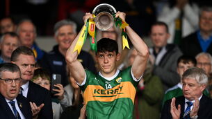 <p>EMOTIONAL DAY: Kerry captain David Clifford lifts the cup after the Munster GAA Football Senior Championship Final. Pic: David Fitzgerald/Sportsfile</p>