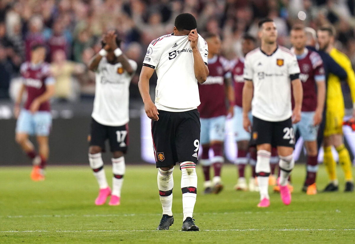 Manchester United's Anthony Martial looks dejected after the final whistle in the Premier League match at the London Stadium. Picture date: Sunday May 7, 2023. PA Photo. See PA Story SOCCER West Ham. Photo credit: Adam Davy/PA Wire.