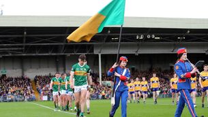 <p>LEADING FROM THE FRONT: Kerry's David Clifford leads his team during the parade. Pic: INPHO/Bryan Keane</p>