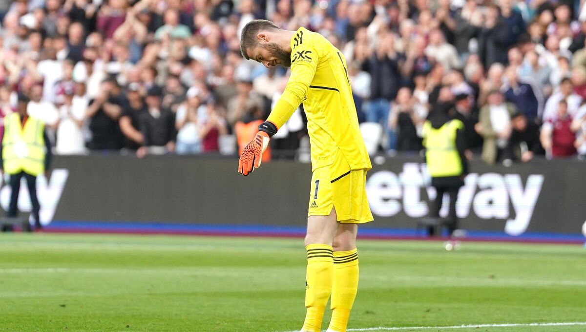 Manchester United goalkeeper David de Gea looks dejected after West Ham United's Said Benrahma  scores the only score of the game.  Pic: James Warwick