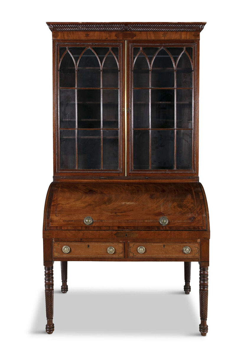 This fine Regency mahogany and satinwood bureau, possibly a Cork piece, made a below estimate hammer price of just €650 at the James Adam Library Collection sale last month.