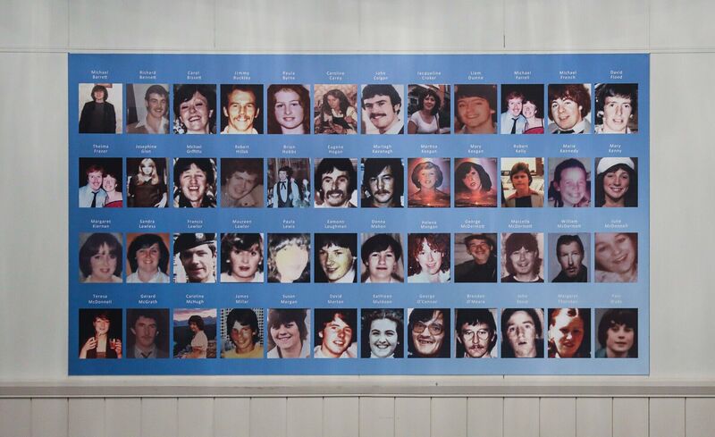 A poster featuring the faces of all 48 Stardust victims on the wall of the courtroom at the Rotunda Hospital, where the inquest is taking place. Picture: Sasko Lazarov / RollingNews.ie