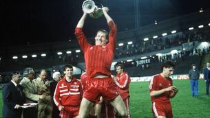 <p>40 YEARS AGO: Doug Rougvie takes off as he celebrates Aberdeen’s stunning victory in Gothenburg. Photograph: Colorsport/Shutterstock </p>