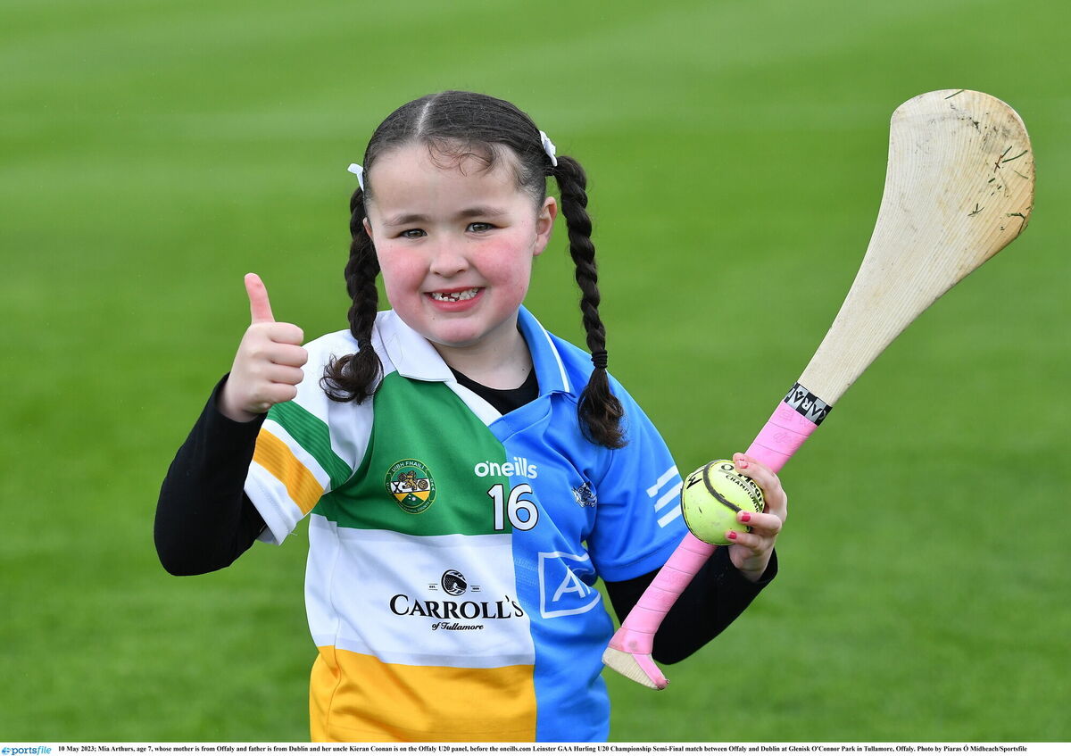 Mia Arthurs, age 7, whose mother is from Offaly and father is from Dublin and her uncle Kieran Coonan is on the Offaly U20 panel, before the oneills.com Leinster GAA Hurling U20 Championship Semi-Final match between Offaly and Dublin at Glenisk O'Connor Park in Tullamore, Offaly. Photo by Piaras Ó Mídheach/Sportsfile Mia Arthurs, age 7, whose mother is from Offaly and father is from Dublin and her uncle Kieran Coonan is on the Offaly U20 panel, before the oneills.com Leinster GAA Hurling U20 Championship Semi-Final match between Offaly and Dublin at Glenisk O'Connor Park in Tullamore, Offaly. Photo by Piaras Ó Mídheach/Sportsfile
