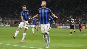 <p>EDIN TO THE FINAL: Inter Milan's Edin Dzeko, right, celebrates after scoring his side's opening goal during the Champions League semifinal first leg soccer match between AC Milan and Inter Milan at the San Siro stadium in Milan, Italy, Wednesday, May 10, 2023. (AP Photo/Antonio Calanni)</p>