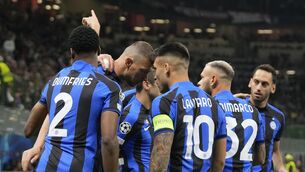 <p>EDIN TO ISTANBUL: Inter Milan's Edin Dzeko, second left, celebrates with his teammates after scoring his side's opening goal during the Champions League semifinal first leg soccer match between AC Milan and Inter Milan at the San Siro stadium in Milan, Italy, Wednesday, May 10, 2023. (AP Photo/Antonio Calanni)</p>