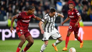 <p>Arkadiusz Milik of Juventus controls the ball whilst under pressure from Loic Bade of Sevilla FC during the UEFA Europa League semi-final first leg match. Pic: Valerio Pennicino/Getty Images</p>