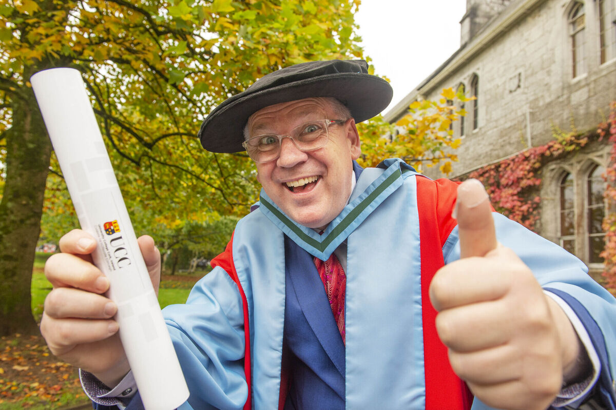 UCC honour: RTÉ’s Derek Mooney, is presented with an Honorary Doctoral Degree in Science. Picture: Michael MacSweeney/Provision UCC honour: RTÉ’s Derek Mooney, is presented with an Honorary Doctoral Degree in Science. Picture: Michael MacSweeney/Provision