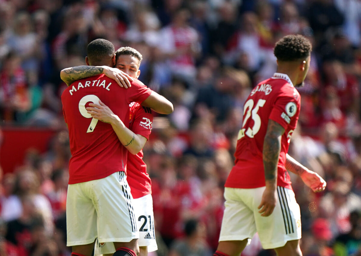 Manchester United's Anthony Martial (left) celebrates scoring their side's first goal of the game during the Premier League match at Old Trafford, Manchester. Picture date: Saturday May 13, 2023. PA Photo. See PA story SOCCER Man Utd. Photo credit should read: Tim Goode/PA Wire.