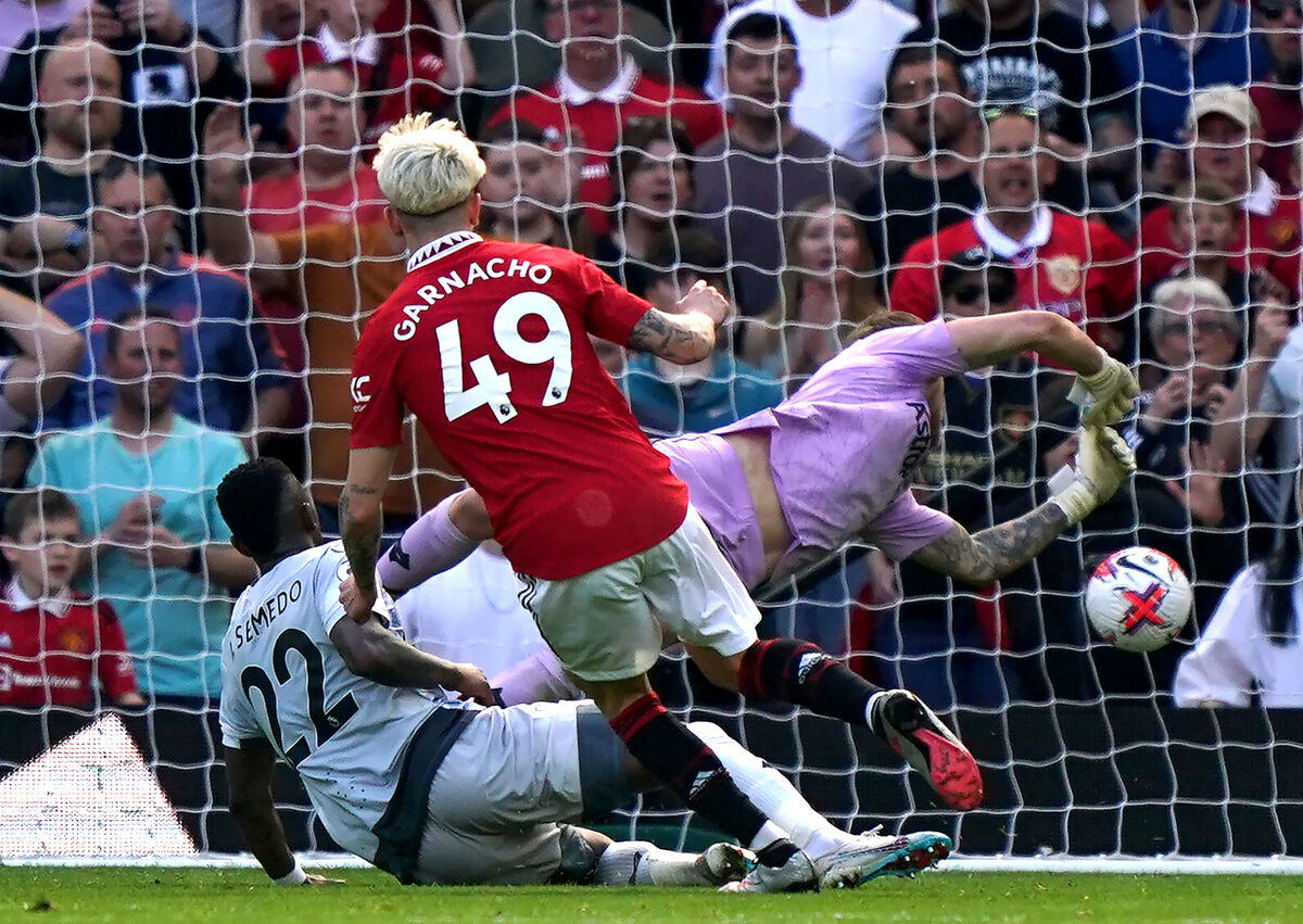 Manchester United's Alejandro Garnacho scores their side's second goal of the game during the Premier League match at Old Trafford, Manchester. Picture date: Saturday May 13, 2023. PA Photo. See PA story SOCCER Man Utd. Photo credit should read: Tim Goode/PA Wire.