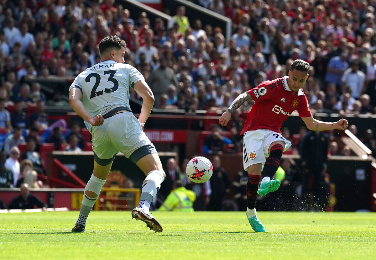 Manchester United's Antony (right) attempts a shot on goal during the Premier League match at Old Trafford, Manchester. Picture date: Saturday May 13, 2023. PA Photo. See PA story SOCCER Man Utd. Photo credit should read: Tim Goode/PA Wire. Manchester United's Antony (right) attempts a shot on goal during the Premier League match at Old Trafford, Manchester. Picture date: Saturday May 13, 2023. PA Photo. See PA story SOCCER Man Utd. Photo credit should read: Tim Goode/PA Wire.