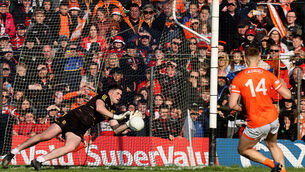 <p>SPOT ON: Derry goalkeeper Odhran Lynch saves a penalty from Rian O'Neill of Armagh. Picture: INPHO/Tom Maher</p>