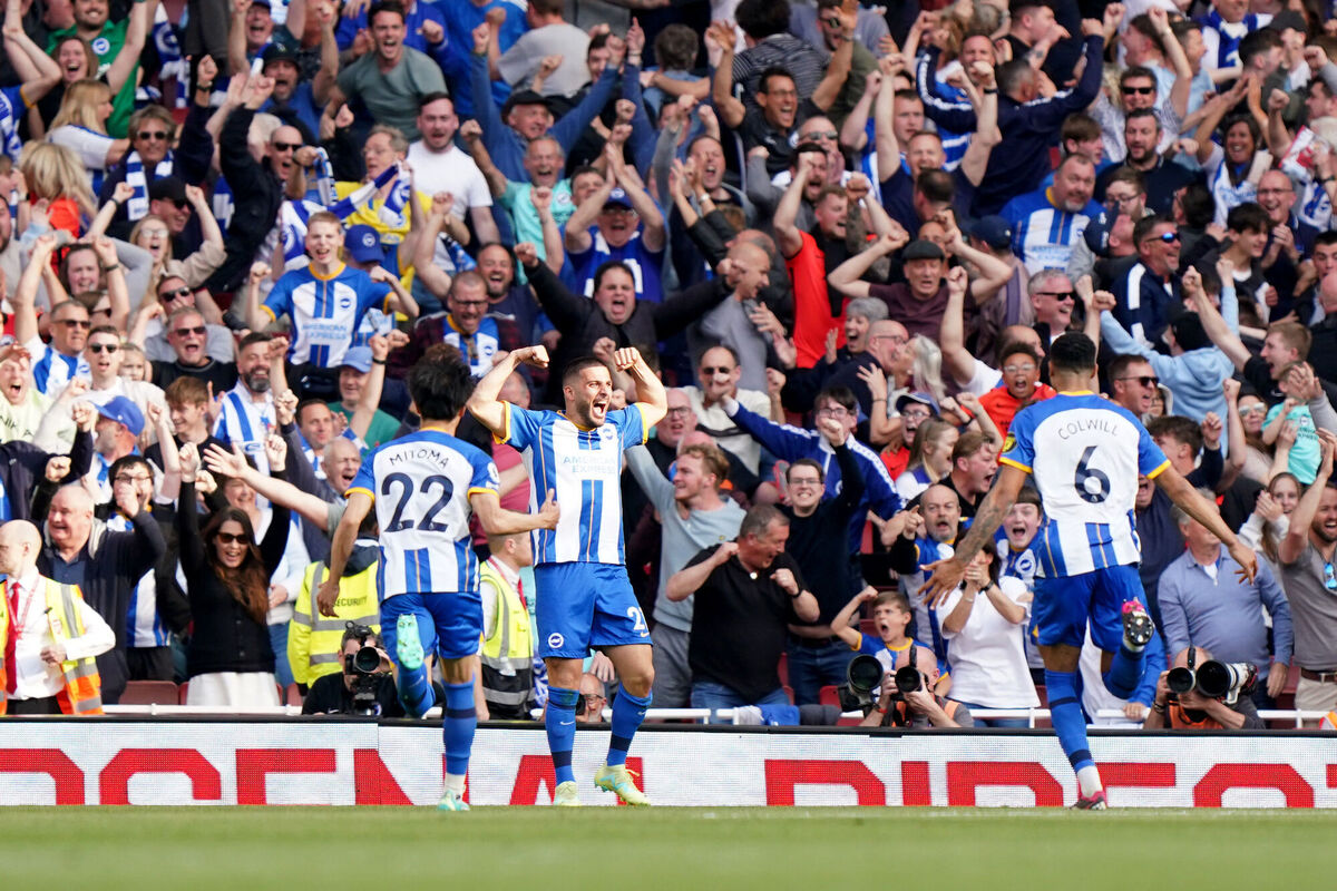 Brighton and Hove Albion’s Deniz Undav (centre) celebrates after scoring their sides second goal during the Premier League match at the Emirates Stadium, London. Picture date: Sunday May 14, 2023. PA Photo. See PA story SOCCER Arsenal. Photo credit should read: Tim Goode/PA Wire.