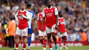 <p>OUTGUNNED: Arsenal’s Edward Nketiah (right) looks dejected following the final whistle in the Premier League match at the Emirates Stadium, London. Picture date: Sunday May 14, 2023. PA Photo. See PA story SOCCER Arsenal. Photo credit should read: Tim Goode/PA Wire.</p>