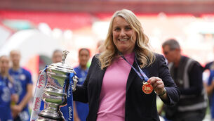<p>THREE-IN-A-ROW: Chelsea manager Emma Hayes celebrates FA Cup glory. Pic: Adam Davy/PA</p>
