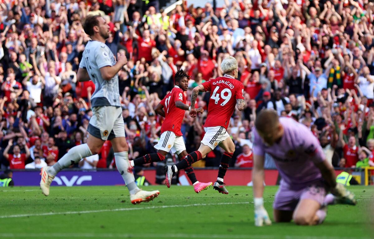 Wolves Daniel Bentley reacts to Manchester United's Alejandro Garnacho's goal. Pic:Clive Brunskill/Getty Images