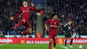 <p>DOUBLING UP: Liverpool's Curtis Jones celebrates scoring his side's second goal of the game during the Premier League match at the King Power Stadium. Pic: Tim Goode/PA Wire</p>