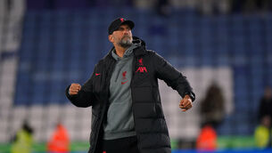 <p>Liverpool manager Jurgen Klopp celebrates the win over Leicester (Tim Goode/PA).</p>
