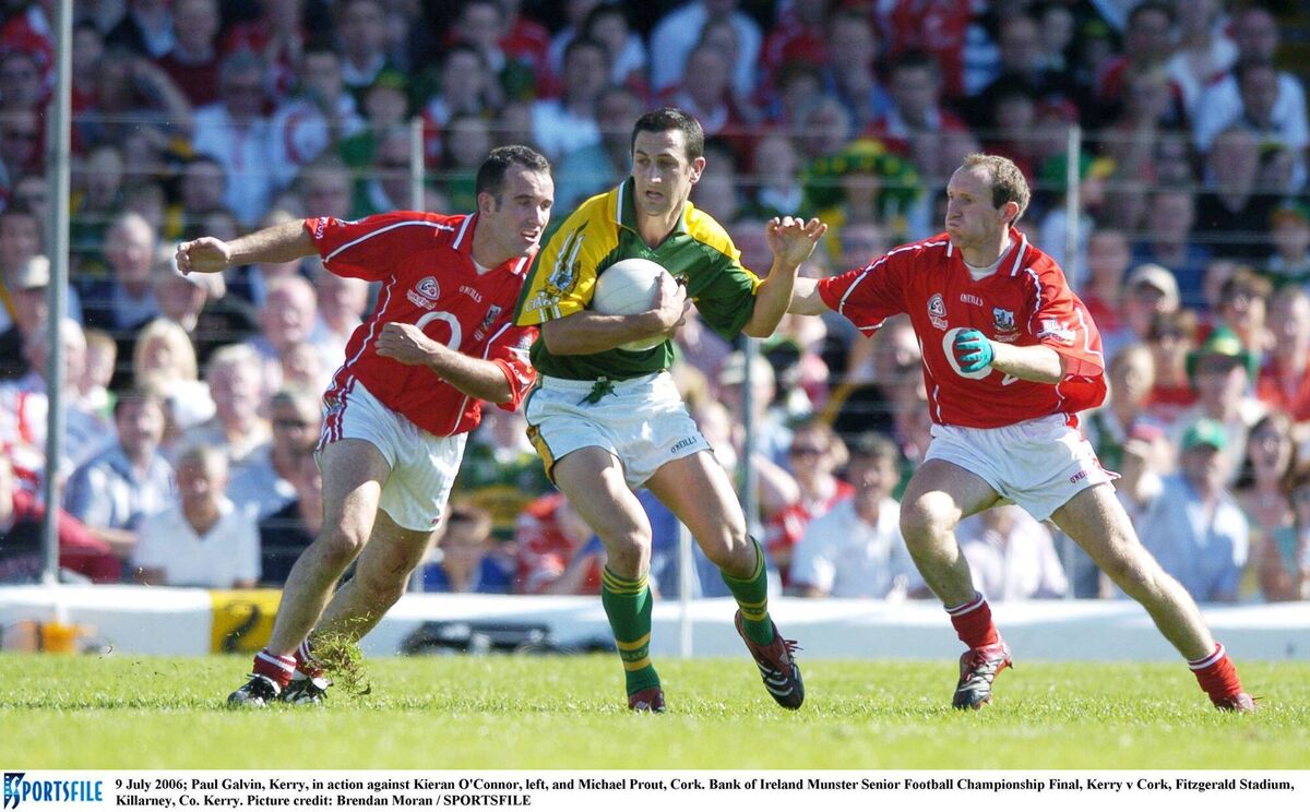 Paul Galvin of Kerry tries to evade Kieran O'Connor and Michael Prout of Cork in 2006. Picture: Brendan Moran / SPORTSFILE