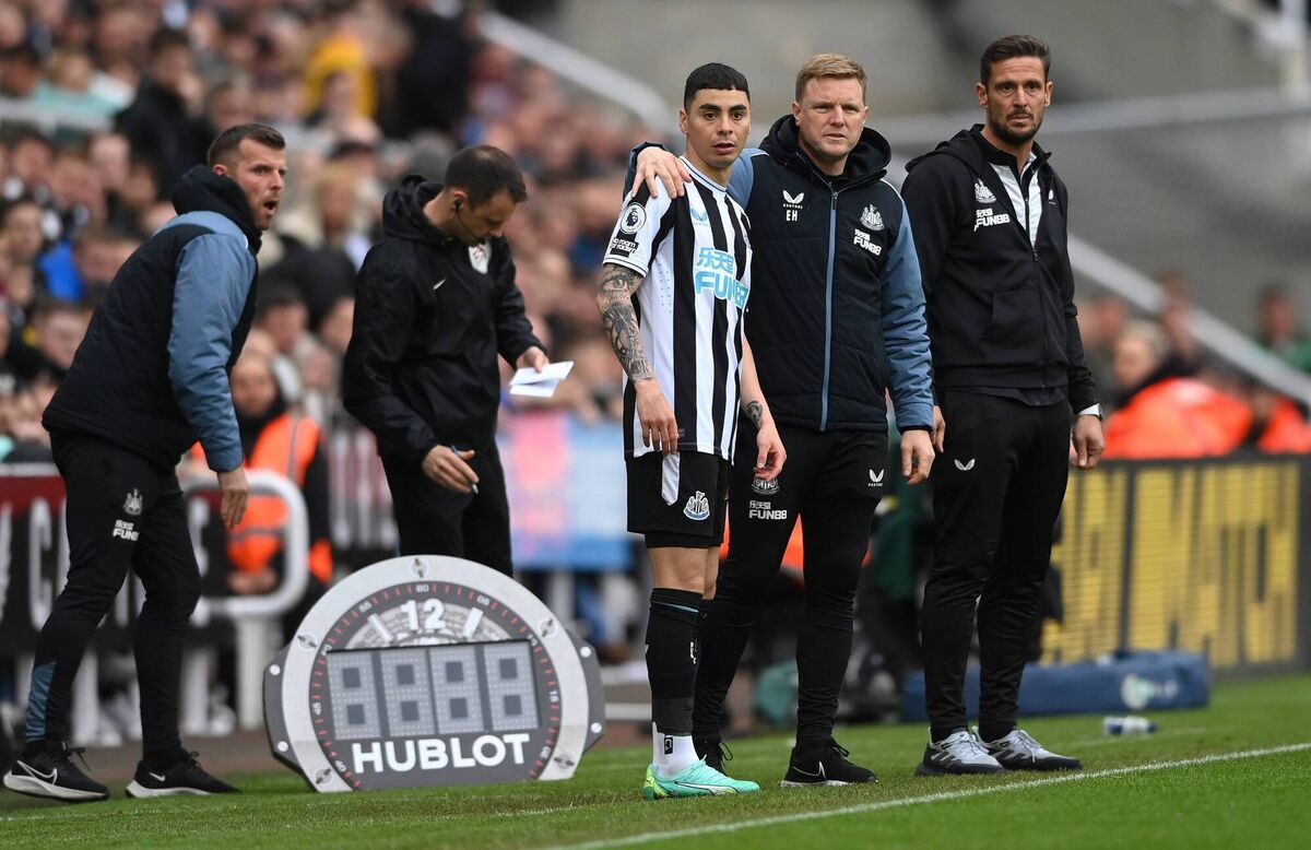 Newcastle’s manager, Eddie Howe, with Miguel Almirón. Pic: Stu Forster/Getty Images