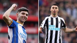 <p>Julio Enciso of Brighton (left) and Newcastle's Miguel Almirón. They face one another in the Premier League at St James’ Park on Thursday.</p>