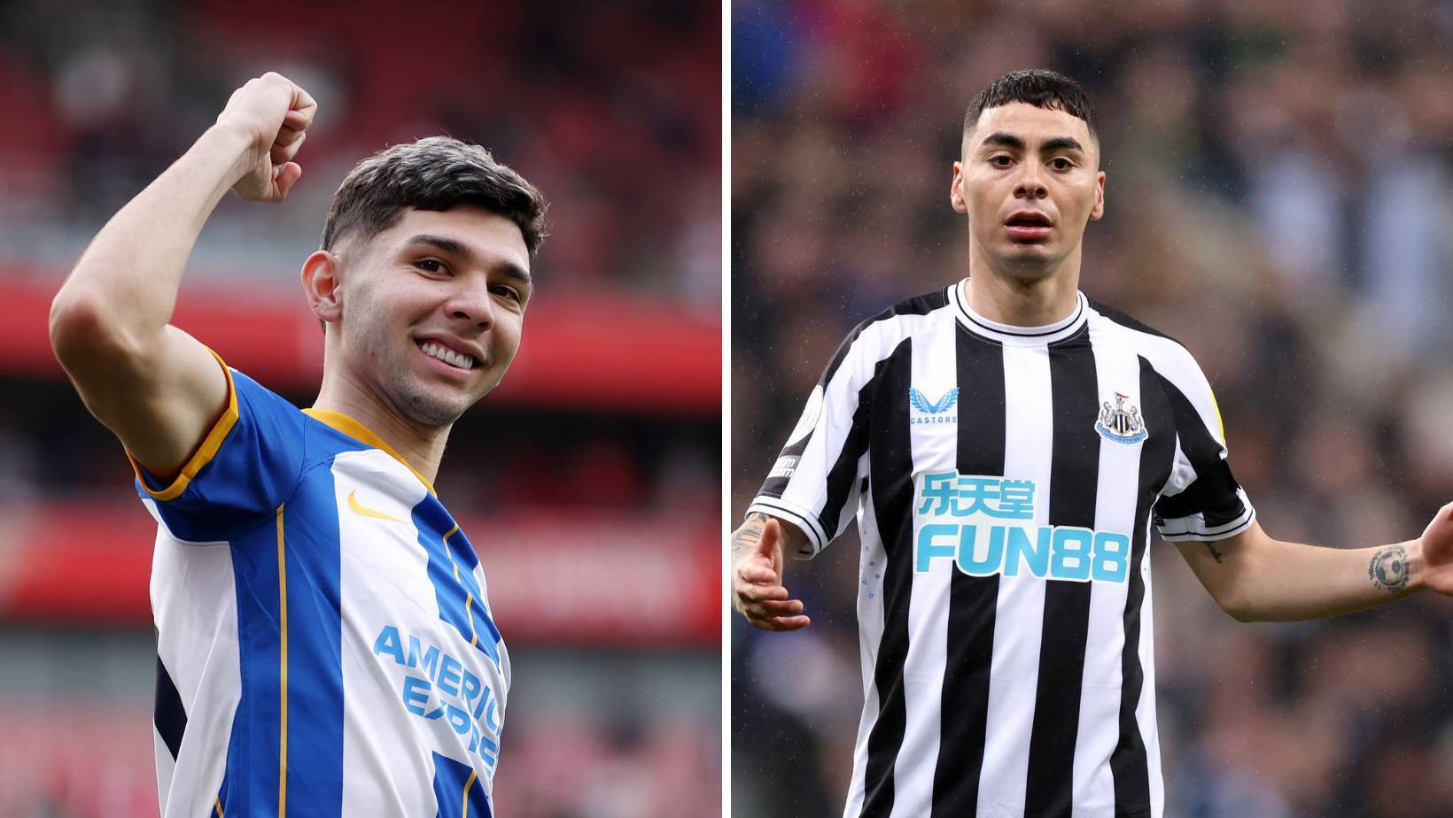 Julio Enciso of Brighton (left) and Newcastle's Miguel Almirón. They face one another in the Premier League at St James’ Park on Thursday.