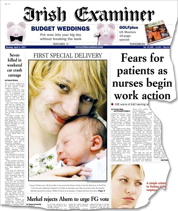 The Irish Examiner’s front page 10 years ago, celebrating the birth of Kacper, the first baby born in Cork University Maternity Hospital .